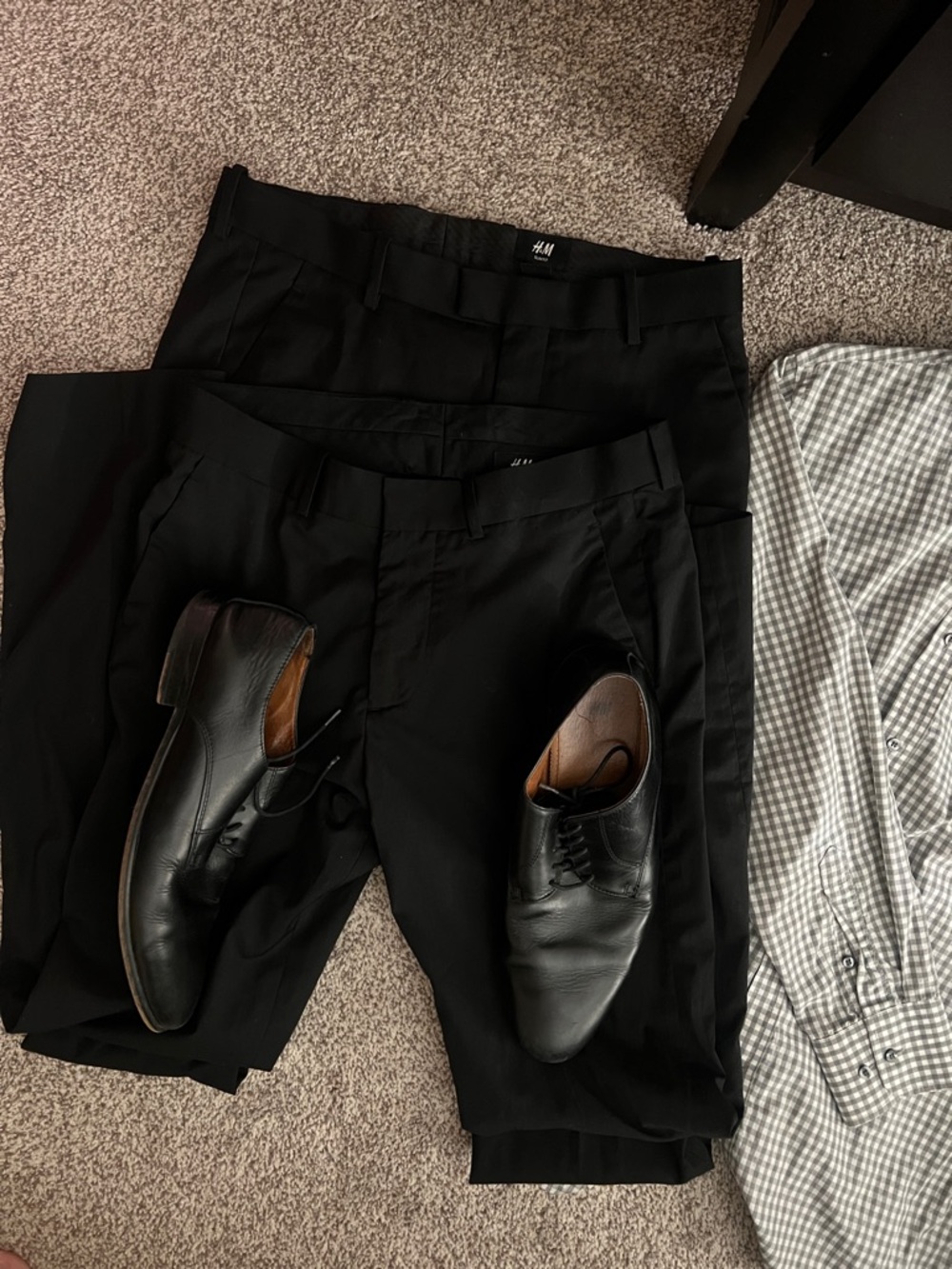 2 H&M suite pants & 2 gingham dress shirts with shoes size 12 black dress shoes